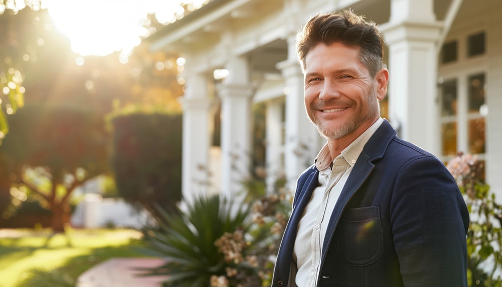 A man standing in front of a house