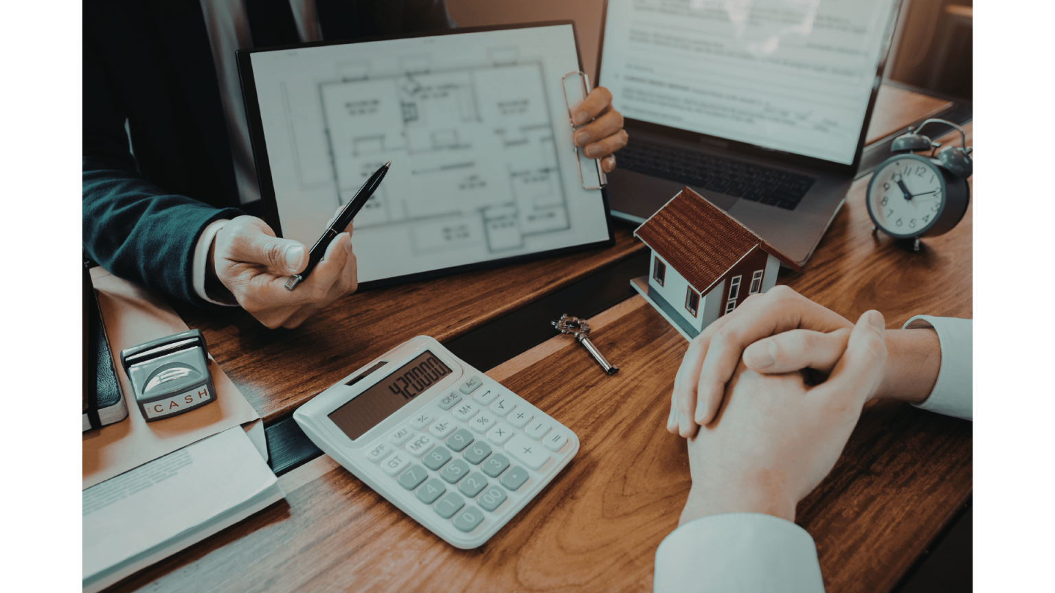 Real estate negotiation scene showing miniature house, floor plan on tablet, and calculator illustrating flat fee MLS transaction details.