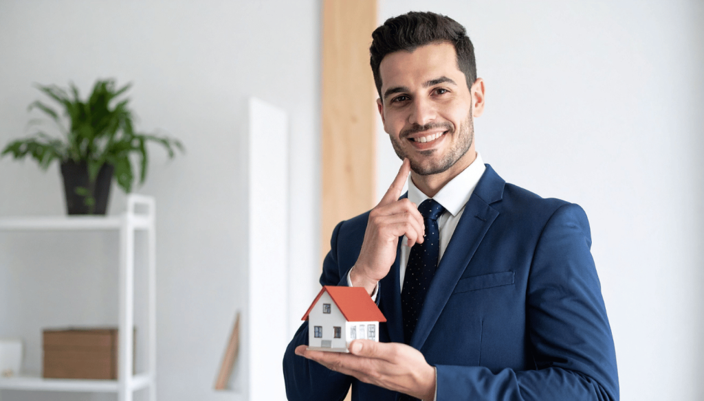 Real estate professional in a suit holding a miniature house to illustrate how home sellers can use flat fee MLS listings.