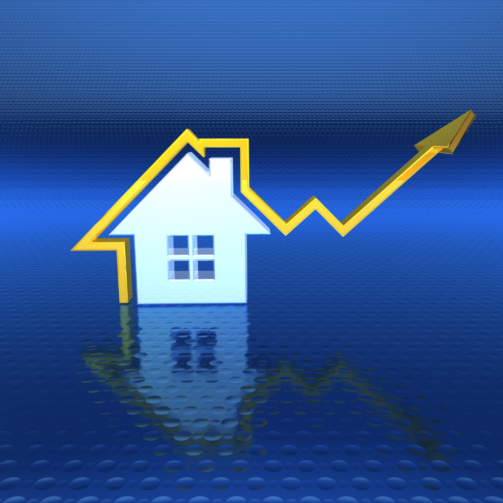 Stylized image of a house with an upward-trending yellow arrow integrated into the roofline, symbolizing rising real estate values or market growth.