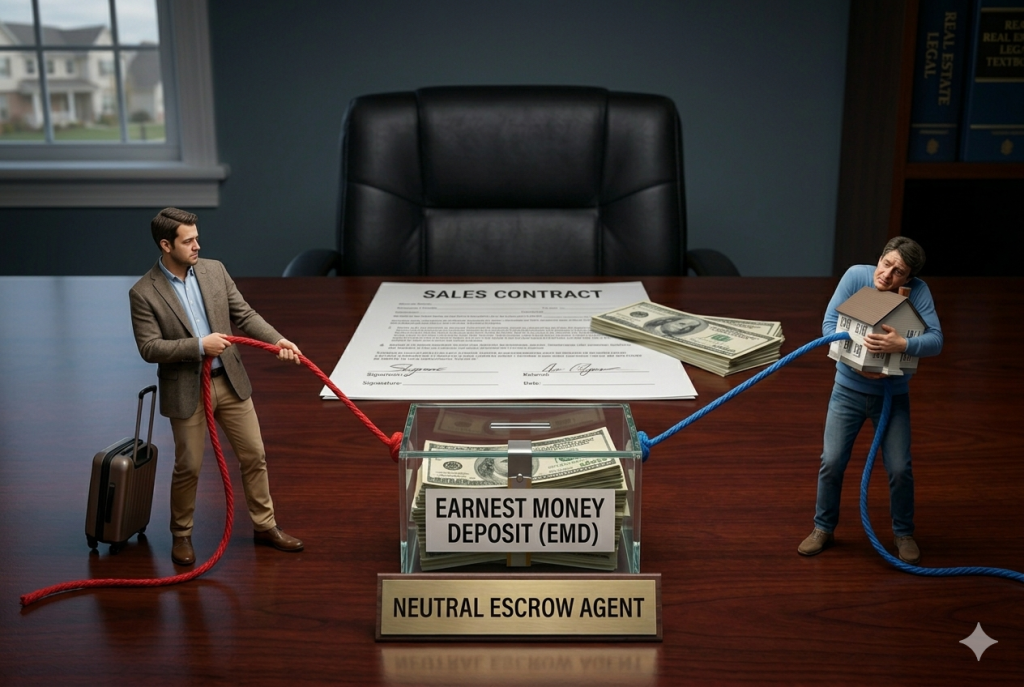 A real estate dispute depicted as a metaphorical tug-of-war. A suit-wearing buyer pulls a red rope, while a seller with a miniature house pulls a blue rope. Both pull on a central glass box of cash labeled 'EARNEST MONEY DEPOSIT (EMD)'. Office background with window view and legal textbooks.