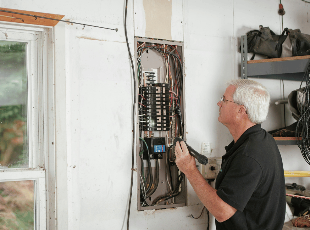 man inspecting electric wires in home during inspection