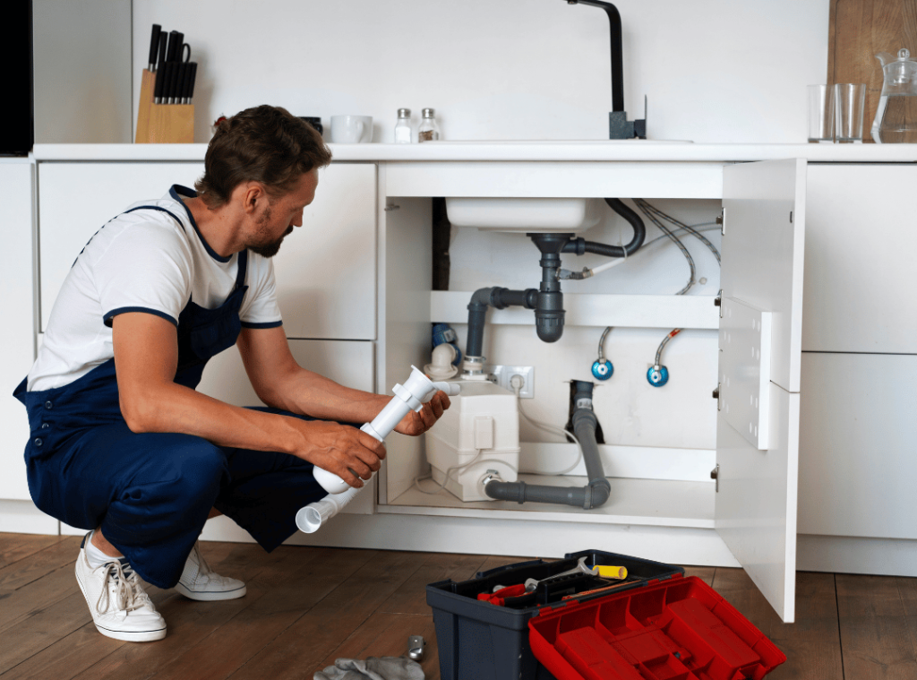 man checking pipe under sink in home inspection
