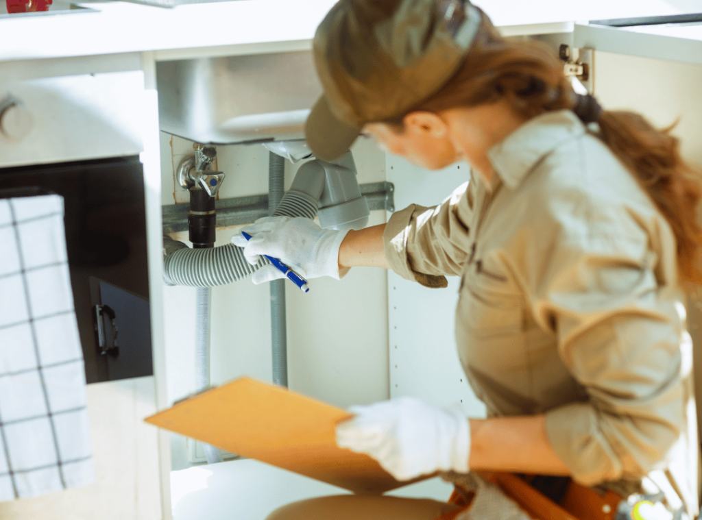 woman checking water pipe conditions in home inspection
