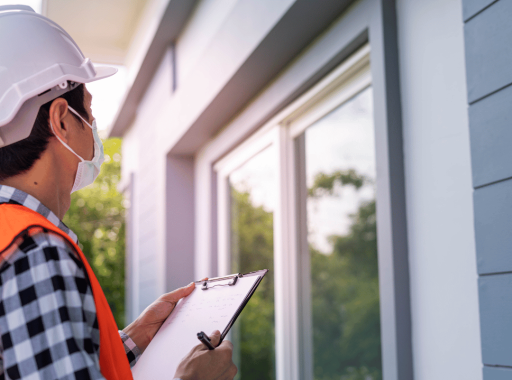 man checking wall and windows during inspection