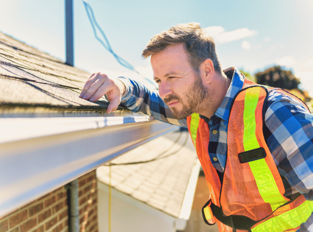 man inspecting roof conditions on home