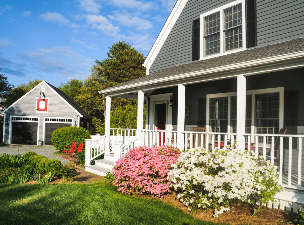 Massachusetts suburban house with flowers out front