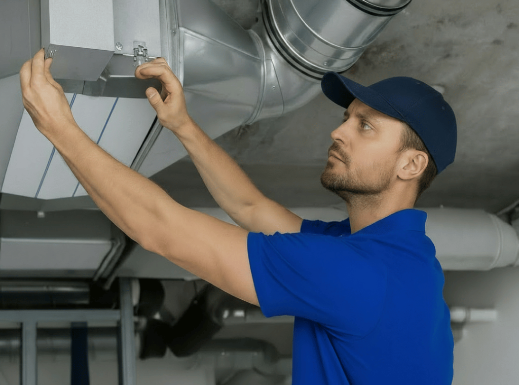 man inspecting AC connections during home inspection