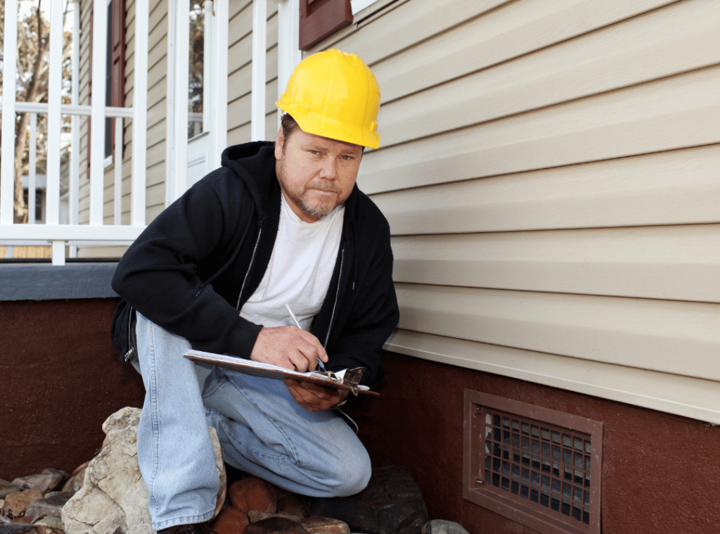 man examining vent and exterior of house during home inspection