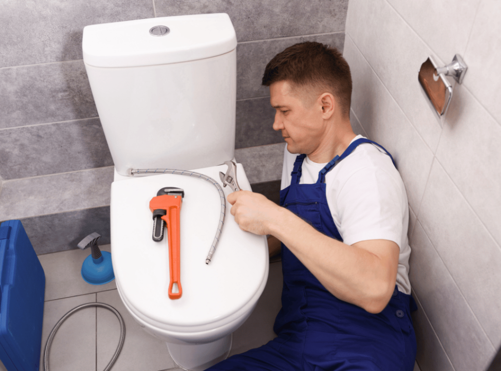 man inspecting toilet during home inspection