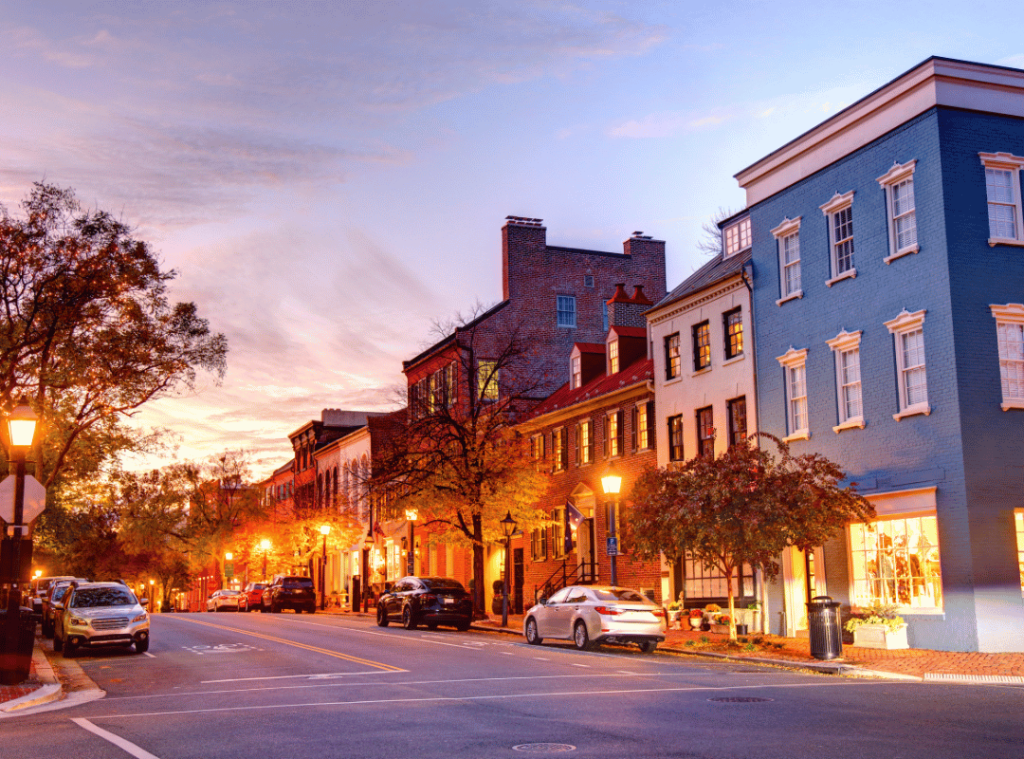 street in virginia with houses and trees during sunset