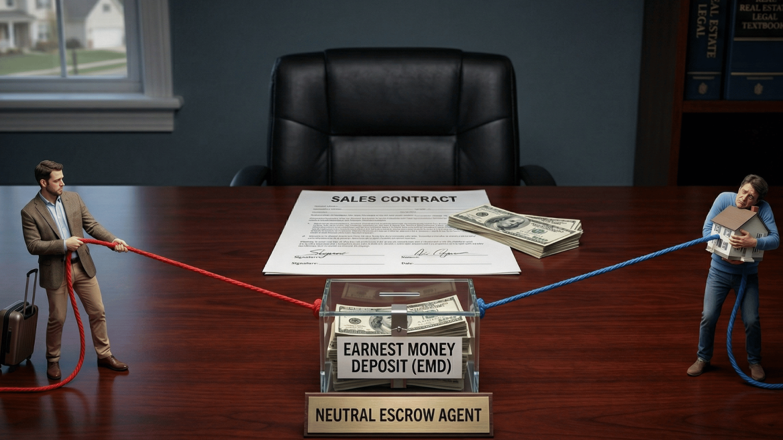 A real estate dispute depicted as a metaphorical tug-of-war. A suit-wearing buyer pulls a red rope, while a seller with a miniature house pulls a blue rope. Both pull on a central glass box of cash labeled 'EARNEST MONEY DEPOSIT (EMD)'. Office background with window view and legal textbooks.