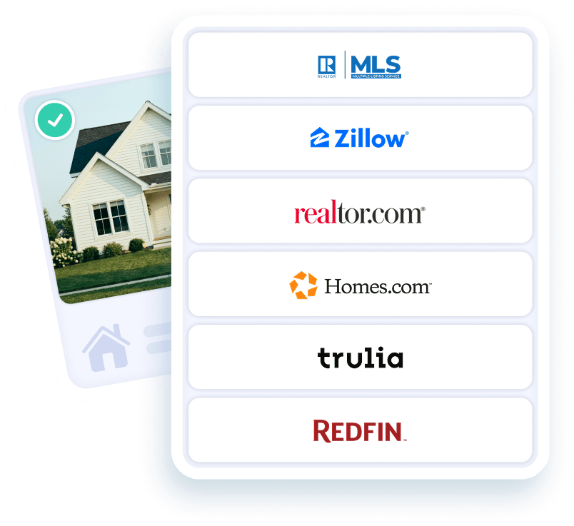 Smartphone with real estate website logos on screen and a house behind it.
