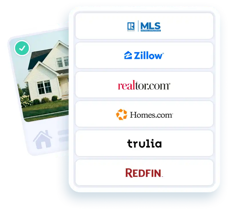 Smartphone with real estate website logos on screen and a house behind it.
